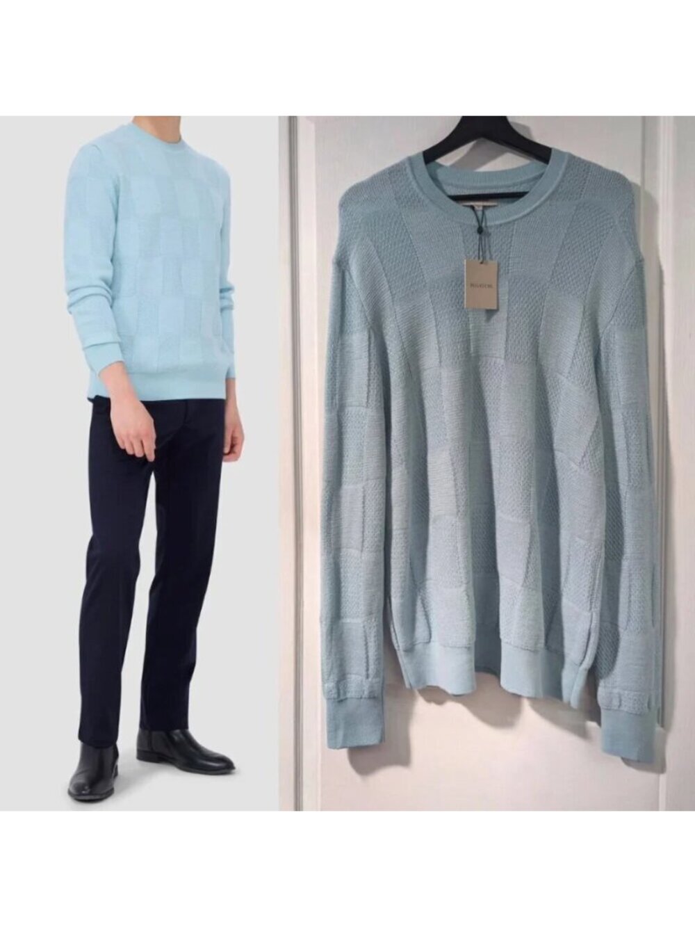 Bugatchi | Multi-Stitch Check Jacquard Crew Neck Sweater In Ice Blue
